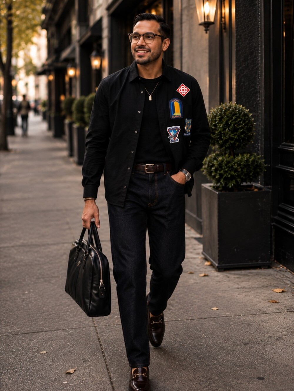 Casablanca Black Patch-Embroidered Long-Sleeve Button-Down Shirt